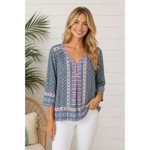 Southern Tide Women Sz XL Printed Tunic Top Boho V Neck Long Sleeve Geometric H3
